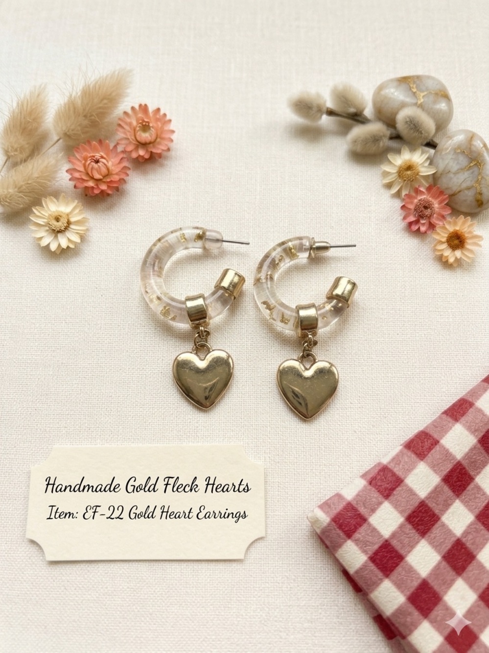 Gold Fleck Hoop Earrings with Heart Charms